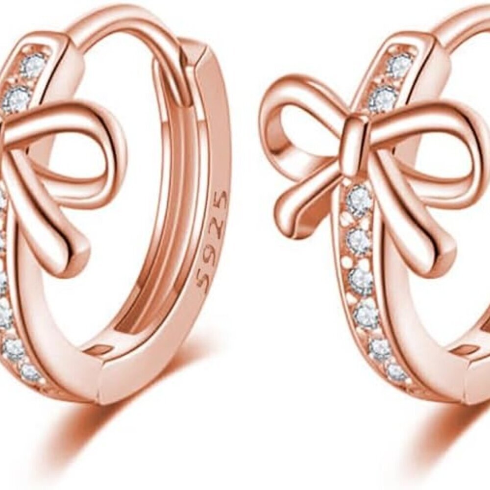 Sterling Silver Bow Hoop Earrings CZ Huggie for Women Teen Girls Gift